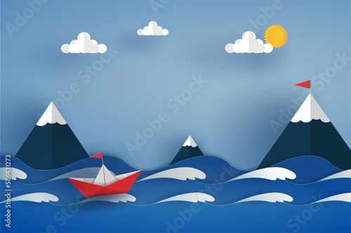 origami red boat and team in blue seascape view with clouds  sun  mountain and blue sky. vector illustrator design in paper cut concept.