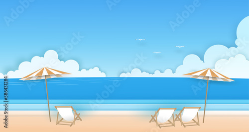 Nature seascape view on the beach with chair, bench, umbrella, blue sea, clouds, sky and birds in summer day. design on vector paper art concept.