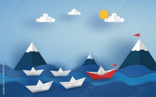 origami red boat and team in blue seascape view with clouds, sun, mountain and blue sky. vector illustrator design in paper cut concept.