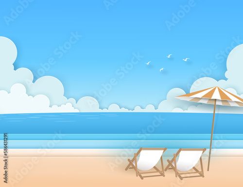 Fototapeta Naklejka Na Ścianę i Meble -  Nature seascape view on the beach with chair, bench, umbrella, blue sea, clouds, sky and birds in summer day. design on vector paper art concept.