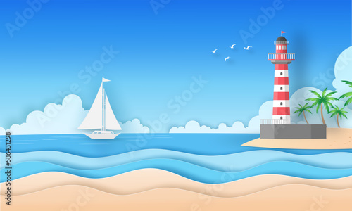 Landscape view on the beach looking to the red and white lighthouse on island, coconut trees, blue sea, clouds, blue sky, birds and white boat in summer vector paper art concept.