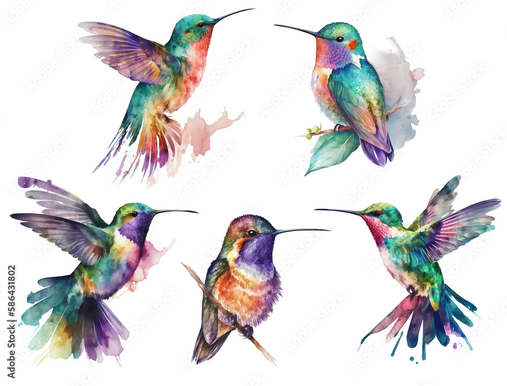 Obraz premium Watercolor Colorful Hummingbirds. Generative ai illustrations