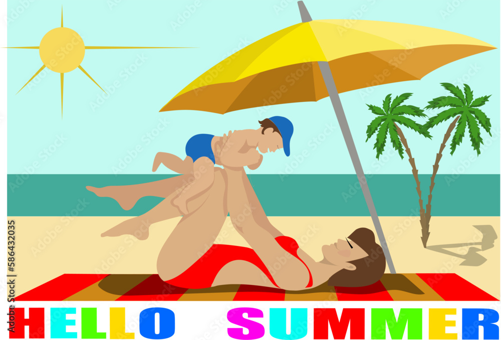 Hello summer. Mom lies on the seashore and holds her little son in outstretched arms. They are happy and laughing.