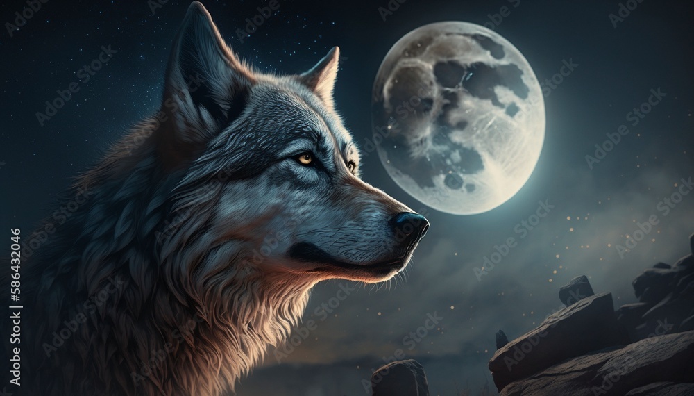 El lobo y la Luna - obrazy, fototapety, plakaty 