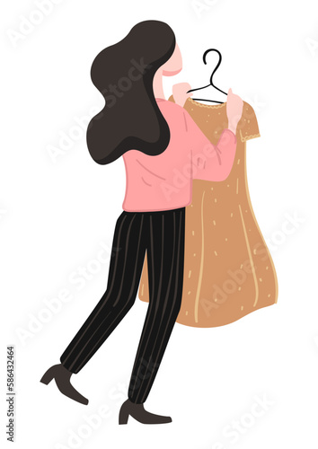 Shopping female character holding dress on hanger