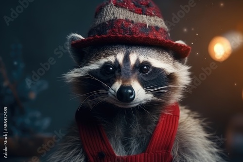 cute raccoon dressed in a cozy red sweater and hat. Generative AI © AkuAku