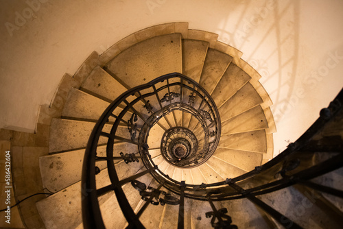 Spiral stone staircase in Basilica of st. Stephen in Budapest, Hungary, view from above on the perspective