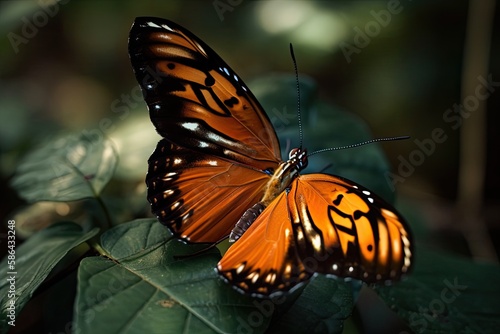 butterfly perched on a green leaf in nature. Generative AI © AkuAku