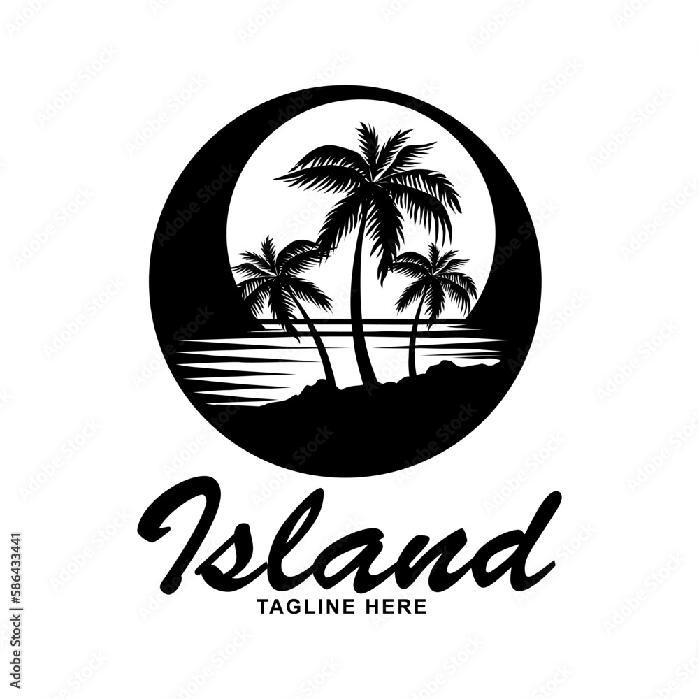 beach island logo black and white silhouette palm tree