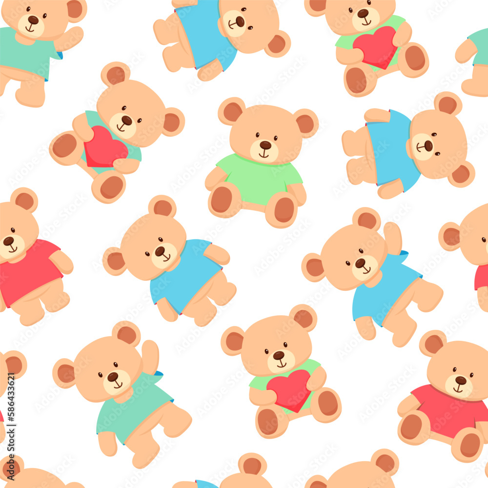 Seamless pattern. Cute bear toy in blue, green and red t-shirt. Hand drawn flat childish illustrations isolated on white Seamless pattern. Cute bear toy in blue, green and red t-shirt. Hand drawn flat childish illustrations isolated on white