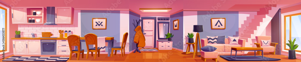 Fototapeta premium Home interior with living room, kitchen, hall and stairs in scandinavian style. Modern house or apartment with kitchen furniture, dining table, sofa, chairs and carpets, vector cartoon illustration