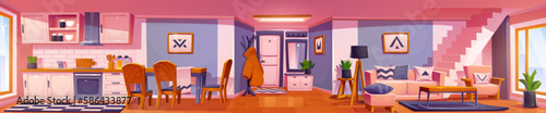 Home interior with living room, kitchen, hall and stairs in scandinavian style. Modern house or apartment with kitchen furniture, dining table, sofa, chairs and carpets, vector cartoon illustration
