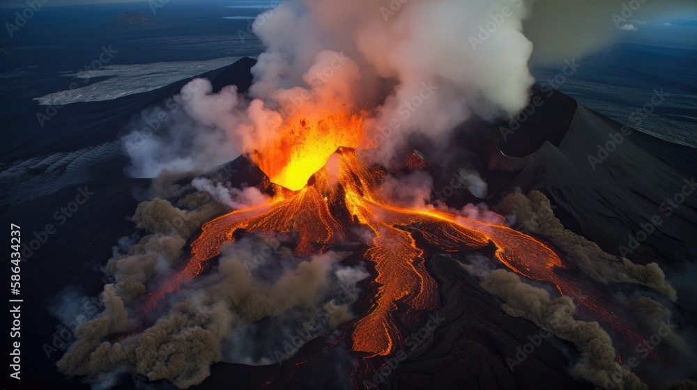 Volcano eruption aerial view. Generative AI