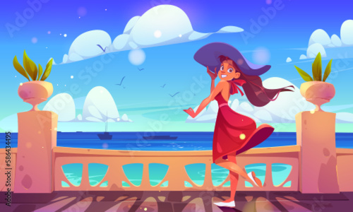 Balcony summer panoramic sea view vector background. Model in hat on terrace cartoon illustration. Ocean landscape with girl standing on floor near stone fence. Sunny day on mediterranean embankment