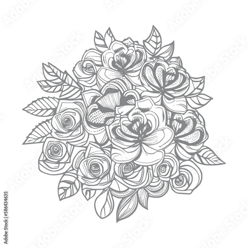 Fototapeta Naklejka Na Ścianę i Meble -  Hand drawn Roses bouquet. Line art for adult coloring book style. Vector illustration for coloring page.  outline Vector