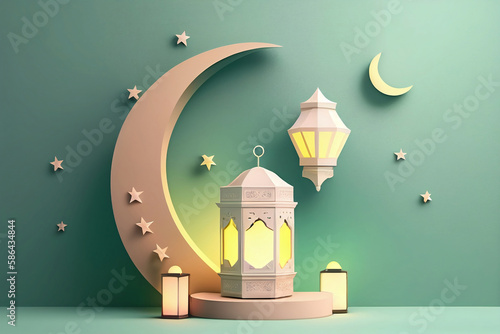 Eid Mubarak greeting card. Happy Ramadan. Happy raya at the pastel color background. Generative AI.