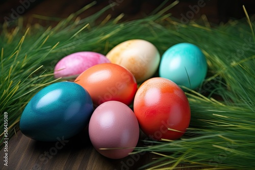 vibrant pile of Easter eggs on a rustic wooden tabletop. Generative AI