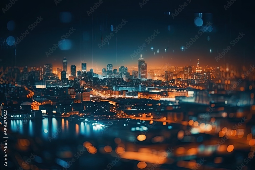 cityscape at night seen through a window. Generative AI