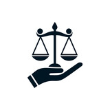 Law service logo design. Hand hold up justice balance. 