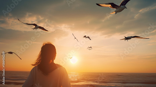 Silhouette of a woman on a beach at sunset looking at birds fly