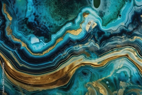 close-up view of a blue and gold marble. Generative AI