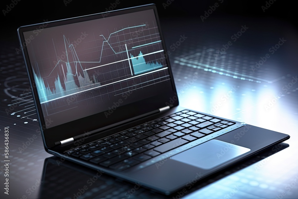 Business laptop analyzes data and analytics for marketing strategy planning. A close-up of a modern computer screen displaying charts and tables related to finance and success. Ai generative. Business laptop analyzes data and analytics for marketing strategy planning. A close-up of a modern computer screen displaying charts and tables related to finance and success. Ai generative.
