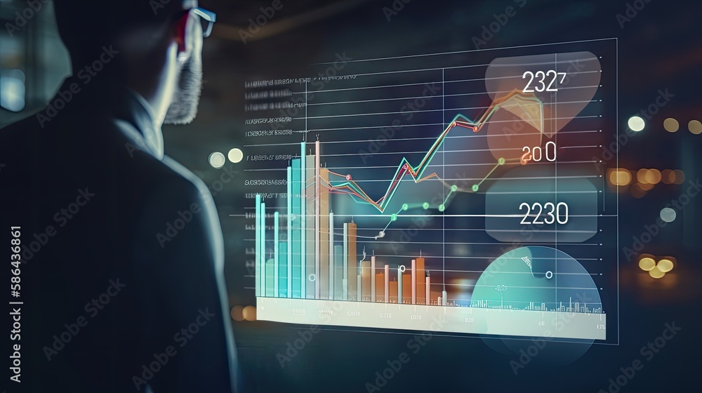 Business data analysis, finance and investment concept. Businessman analyzes business data for intelligence analytic marketing strategy planning. Ai generative. Business data analysis, finance and investment concept. Businessman analyzes business data for intelligence analytic marketing strategy planning. Ai generative.