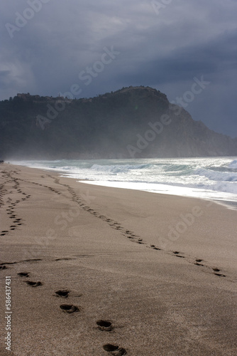 Fototapeta Naklejka Na Ścianę i Meble -  Big storm waves of Mediterranean sea on Alanya beach Turkey coast