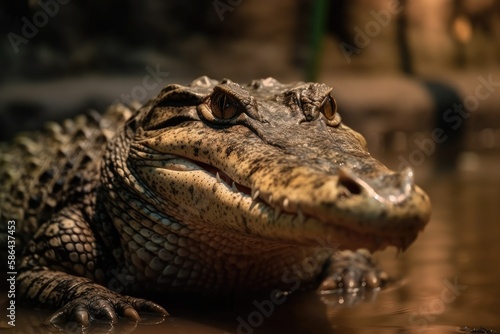 close-up view of a crocodile in the water. Generative AI