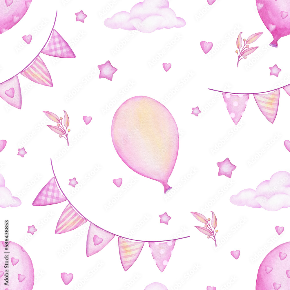 Balloons, garlands, clouds, stars, Watercolor seamless pattern, pink color, on an isolated background.