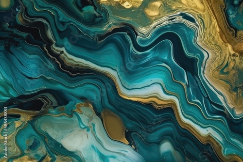 detailed view of a blue and gold marble. Generative AI