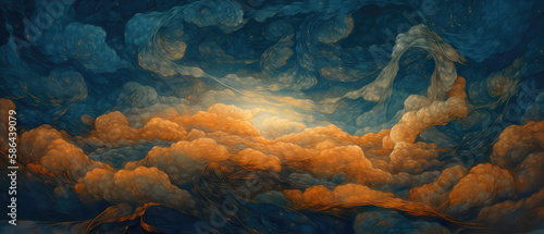 Cosmic windblown floating fabric folds as dreamlike ocean waves  vivid orange sunset horizon  imaginary twilight starry night cloudscape  soft soothing fantasy background - generative AI