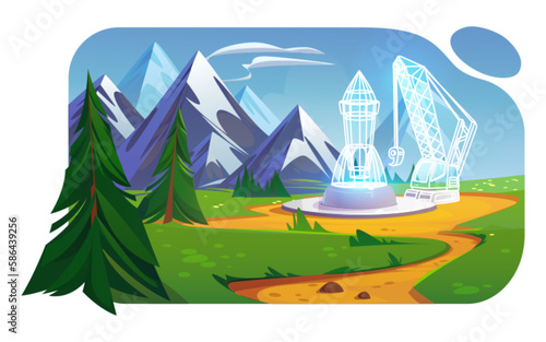 Mountain valley landscape with rocket digital hologram, green grass, trees, road and clouds in sky. Summer scene of rocks range, meadows, pine trees and path, wireframe spaceship vector cartoon