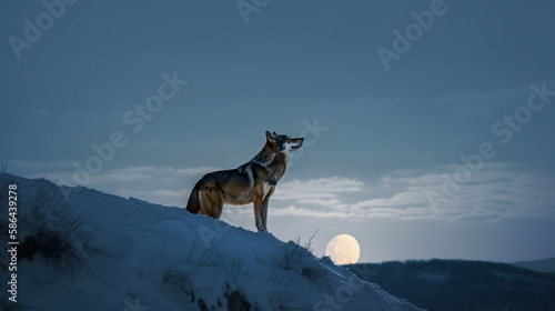 A solitary wolf standing on a snowy hill  howling at the full moon in the clear sky above - Generative AI