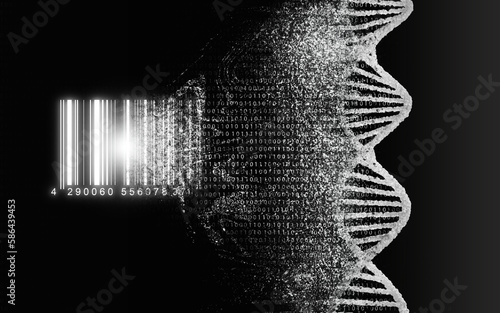 DNA decode, biological, genetic decoding concept. Genom map. The DNA strand, nucleic acid double helix, is read and converted into a barcode. photo