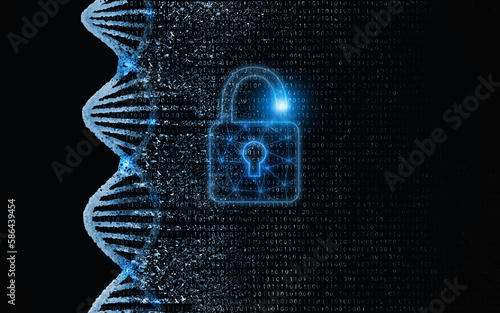 DNA decode, biological, genetic decoding concept. Genom map. The DNA strand, nucleic acid double helix, is being read or unlocked. Genomic sequencing technology.