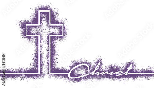 Cross and Jesus Christ name in thin lines style. Background from particles