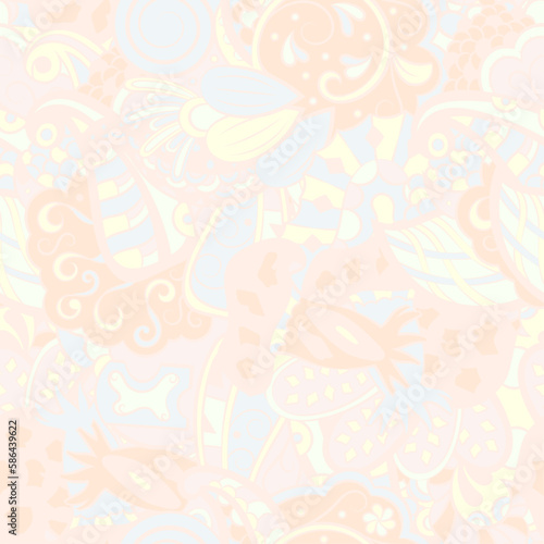 Tracery seamless pattern. Mehndi design. Pastel. 6 colors. Ethnic doodle texture. Curved doodling background. Vector