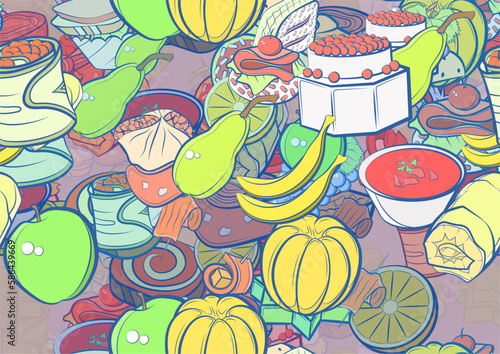 Background pattern abstract design texture. Seamless. Fruits and Snacks. Theme is about marshmallows, six-pointed, fruit, caviar, borscht, slice, sweet, cucumber roll, slices, sausage, cheese
