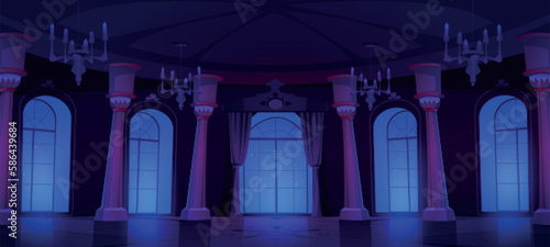 Night ballroom interior design. Vector illustration of dark royal palace with large windows, many stars on midnight sky, sophisticated floor, marble pillars, golden chandeliers. Vintage museum gallery