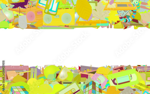 Background pattern abstract design texture. Horizontal seamless stripes. Border frame, transparent background. Theme is about VHS, rubix cube, sweets, cane, magnetola, sport, birch, computer