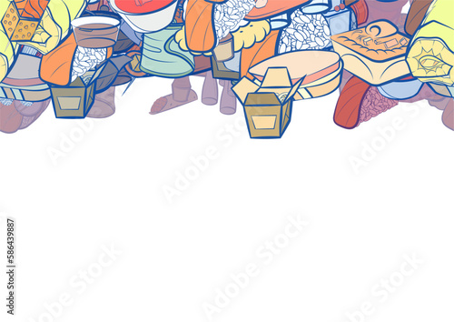 Background pattern abstract design texture. Japanese food and Snacks. Horizontal seamless stripe. Border frame, transparent background. Theme is about delivery, cucumber roll, sauce bottle