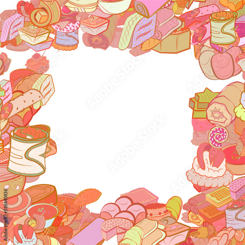 Background pattern abstract design texture. Bakery products and Snacks. Border frame, transparent background. Theme is about a stack, cucumber roll, sweetness, pancakes, lush, stuffed cabbage