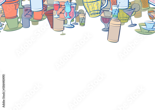 Background pattern abstract design texture. Drinks. Horizontal seamless stripe. Border frame, transparent background. Theme is about , stand, lemon, kvass, cocktail, figured glass, citrus