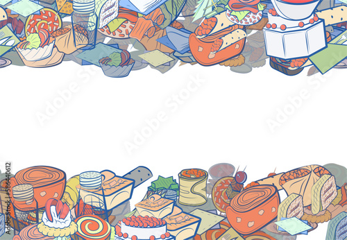 Background pattern abstract design texture. Snacks and Table setting. Horizontal seamless stripes. Border frame, transparent background. Theme is about wand, mini cake, biscuit, sweet, topping