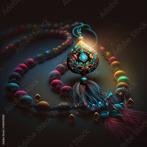 Tasbih, prayer beads, chaplet glowing in the dark. Vector illustration. Generative AI