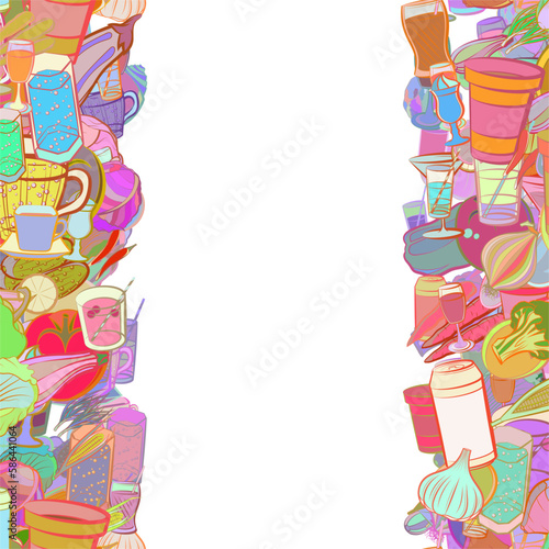 Background pattern abstract design texture. Drinks and Health food. Vertical seamless stripes. Border frame, transparent background. Theme is about glare, the harvest, wineglass, soda, whole garlic