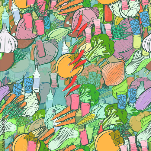 Background pattern abstract design texture. Seamless. Alcohol and Health food. Theme is about multi-layered, zucchini, white, vitamin C, bottle, vitamins, gin, wine, strong alcohol, whole onion
