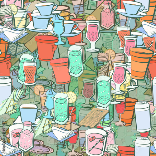 Background pattern abstract design texture. Seamless. Drinks and Table setting. Theme is about bottle, pepper pot, tree, knife, beer, napkins, kvass, cream, plate, drinking straw, cherries