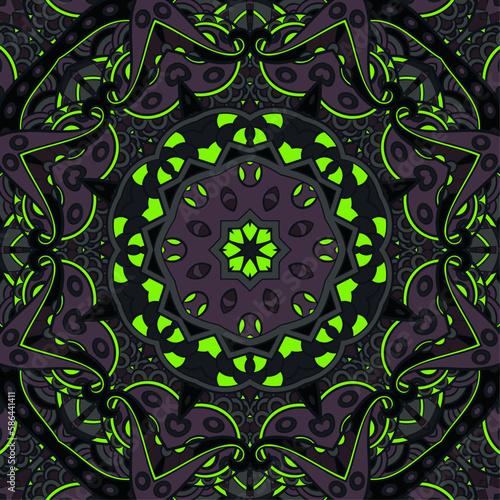 Seamless tile texture. Tracery mehndi design image. Dark toxic colors. Ethnic doodle art. Curved doodling picture. Vector